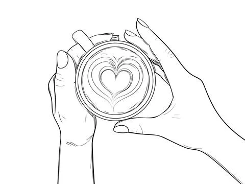 Cup of coffee and hands. Latte art - heart on foam. Vector illustration Stock Illustration