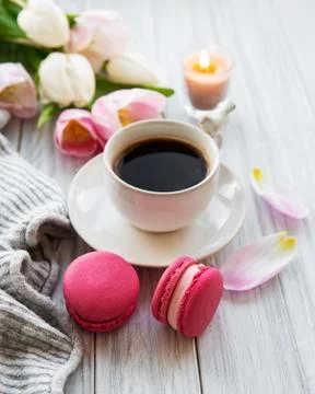 Cup of coffee and macaroons Stock Photos