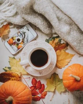 Cup with coffee and phone with the same photo on the table among pumpkins and au Stock Photos