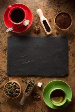Cup of coffee and tea on table Stock Photos