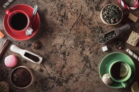 Cup of coffee and tea on table background Stock Photos