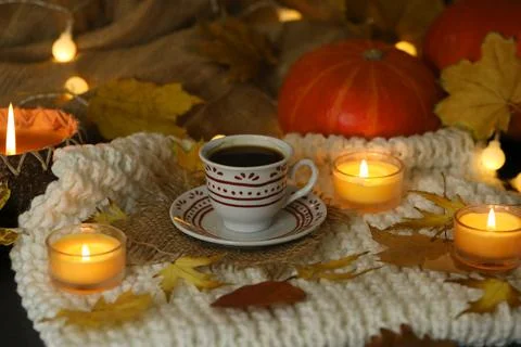 Cup of coffee on the autumn background Stock Photos
