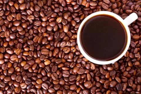 Cup of coffee on a background coffee beans Stock Photos