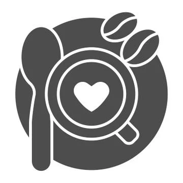 Cup of coffee with beans and spoon solid icon, Coffee time concept, mug with Stock Illustration