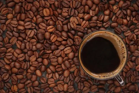 Cup of coffee on beans Stock Photos