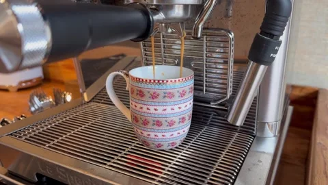 Cup of coffee being brewed on chrome barista Stock Footage 258439238