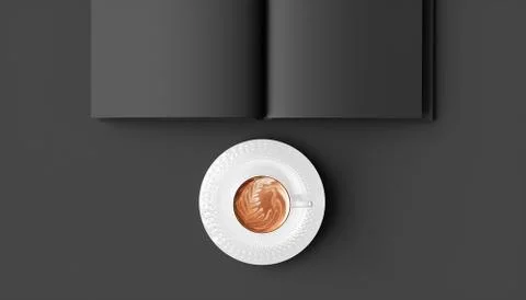 Cup of coffee on a black background close-up next to a notebook Illustrazione stock