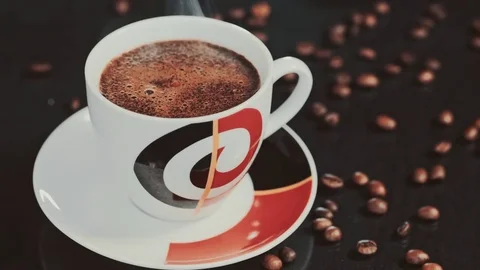 Cup of coffee on black background Stock Footage 73622610