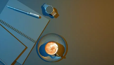 Cup of coffee on a black background next to a notebook in blue and yellow lig Illustrazione stock