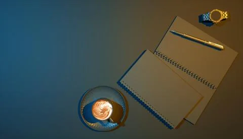 Cup of coffee on a black background next to a notebook in blue and yellow lig Illustrazione stock