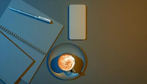 Cup of coffee on a black background next to a notebook in blue and yellow lig Illustrazione stock