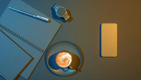Cup of coffee on a black background next to a notebook in blue and yellow lig Stock Illustration
