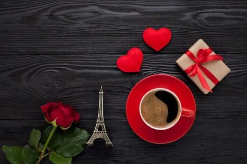 Cup of coffee on black table 스톡 사진