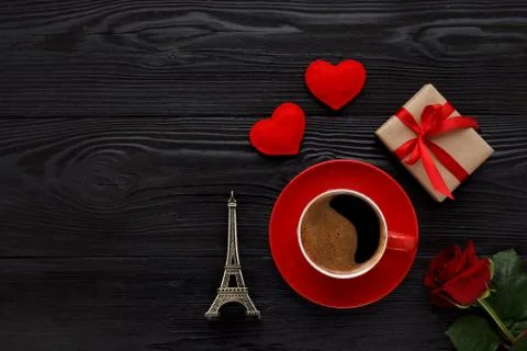 Cup of coffee on black table Stock Photos