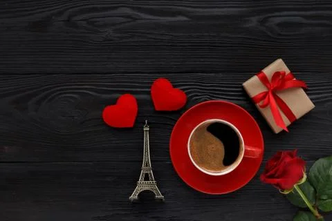 Cup of coffee on black table Stock Photos