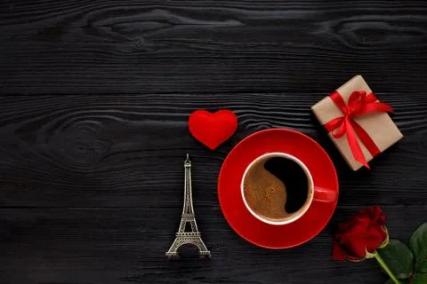Cup of coffee on black table Stock Photos
