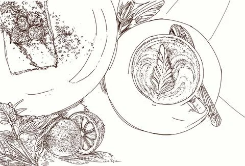 Cup of coffee with cake and lemon. Vector illustration in sketch style. Stock Illustration