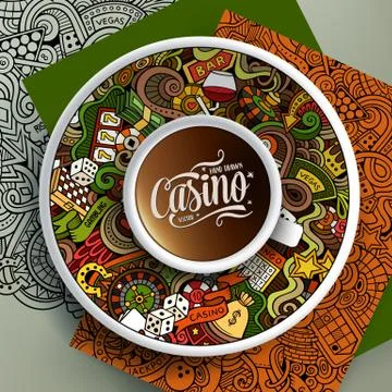 Cup of coffee Casino doodles on a saucer, paper and background Stock Illustration