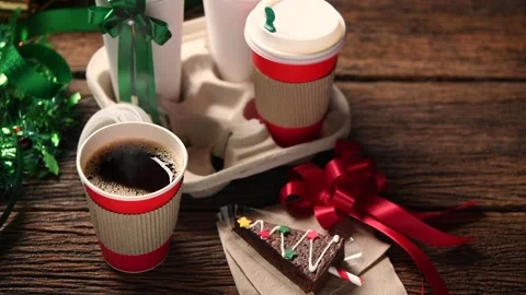 Cup of coffee with christmas decorations on old wooden table Stockbeeldmateriaal 143152422