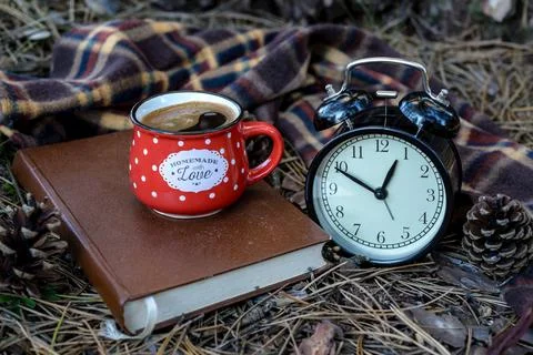 Cup of coffee, clock, book and scarf in nature Stock Photos