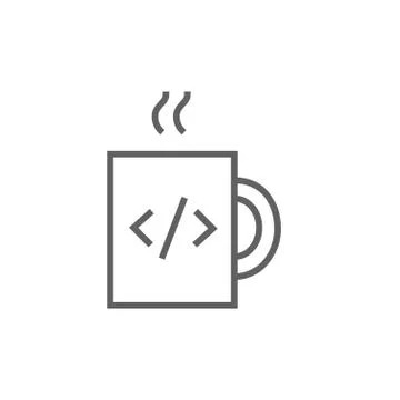 Cup of coffee with code sign line icon Stock Illustration