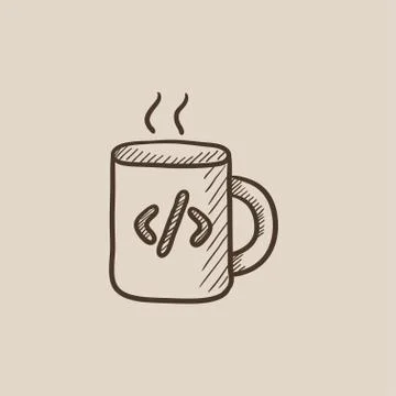 Cup of coffee with code sign sketch icon Stock Illustration