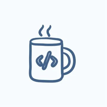 Cup of coffee with code sign sketch icon Stock Illustration