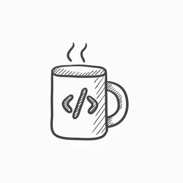 Cup of coffee with code sign sketch icon Stock Illustration