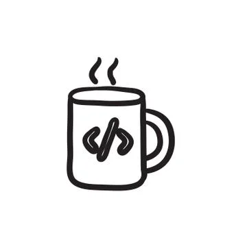 Cup of coffee with code sign sketch icon Stock Illustration