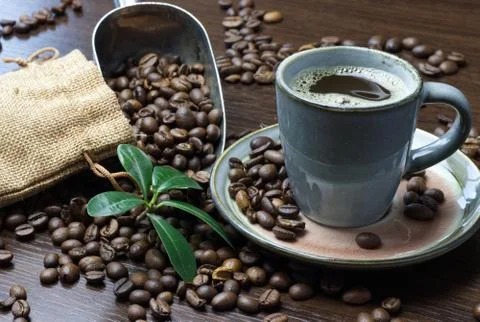 A cup of coffee with coffee bean as background 写真素材