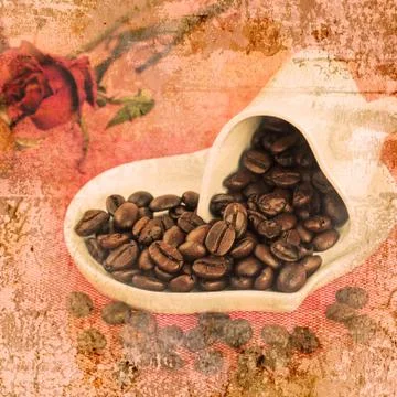 A cup of coffee with coffee bean on old wall textured background. retro filte Stock Photos