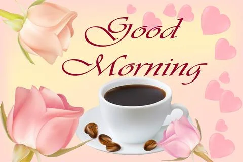A cup of coffee with coffee beans on a background of roses and hearts. Greeting Stock Illustration