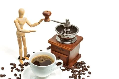 Cup of coffee with coffee maker on white background Stock Photos