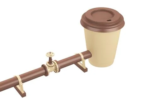 Cup of coffee connected to a pipe with a tap Stock Illustration