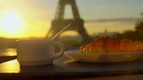 Cup of coffee with a croissant in Paris Stock Footage 87140930