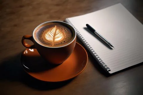 Cup of coffee on desk with a notepad and pen, ai generated Stock Illustration