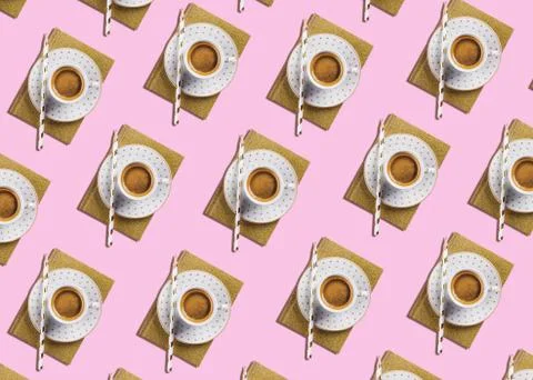Cup of coffee with diary flat lay pattern on pink 스톡 사진
