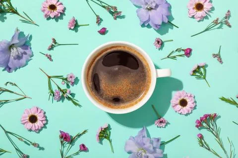 Cup of coffee with different flowers on turquoise background Stock Photos