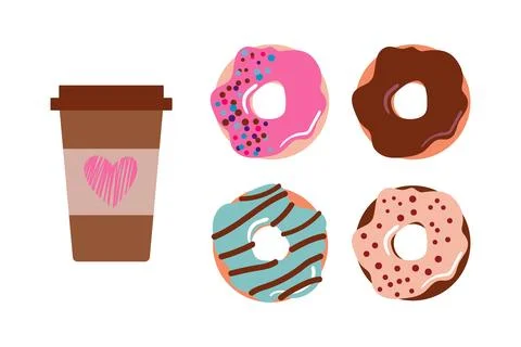A cup of coffee in a disposable paper cup and delicious glazed donuts Stock Illustration