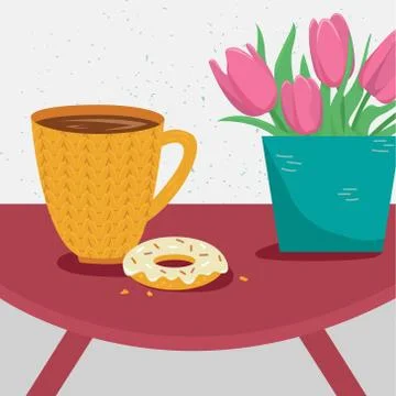A Cup of coffee with doughnut on the table. Flat vector illustration. Illustrazione stock