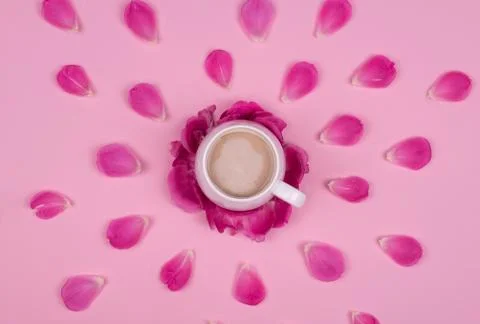Cup of coffee in the dynamics of rose petals on a pink background, Flatley Stock Photos