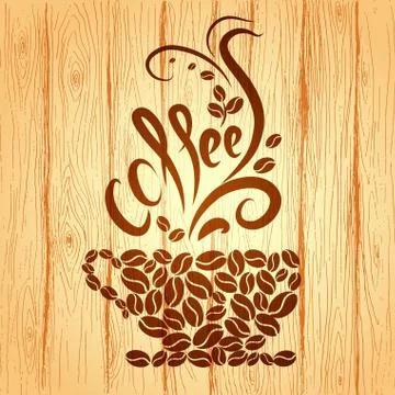 Cup of coffee with floral design elements on a wooden background Illustrazione stock