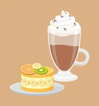 Cup of Coffee with Fruit Cake Vector Illustration Stock Illustration