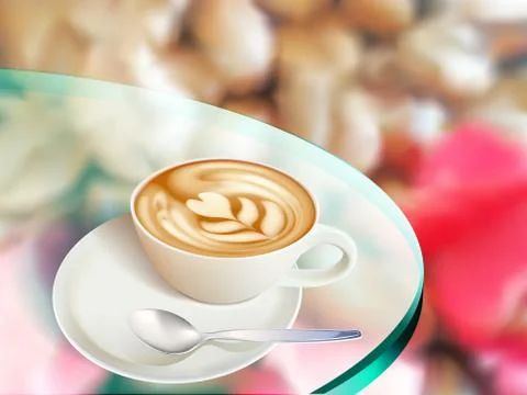 Cup of coffee on glass table coffee seed blur background Stock Illustration