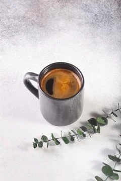 Cup of coffee on grey table eucalyptus leaves Stock-Fotos