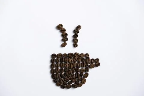 Cup of coffee icon from beans isolated on white background Stock Photos