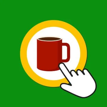 Cup of coffee icon. Break time concept. Hand Mouse Cursor Clicks the Button. Stock Illustration