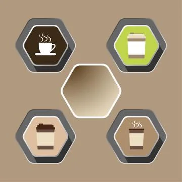 Cup of coffee icon set with shadow on the hexagon brown background. Stock Illustration