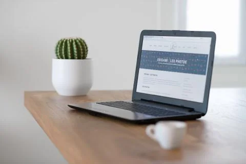 A cup of coffee with a laptop computer on table in a modern interior with cactus Foto stock
