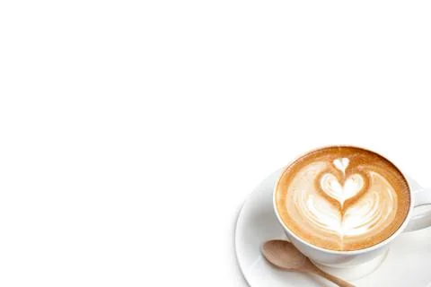 A cup of coffee latte with spoon isolate on white blackground Stock Photos